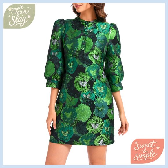Dresses & Skirts - Floral Jacquard Shift Dress Long Puff Sleeve Button Up Cocktail Mini